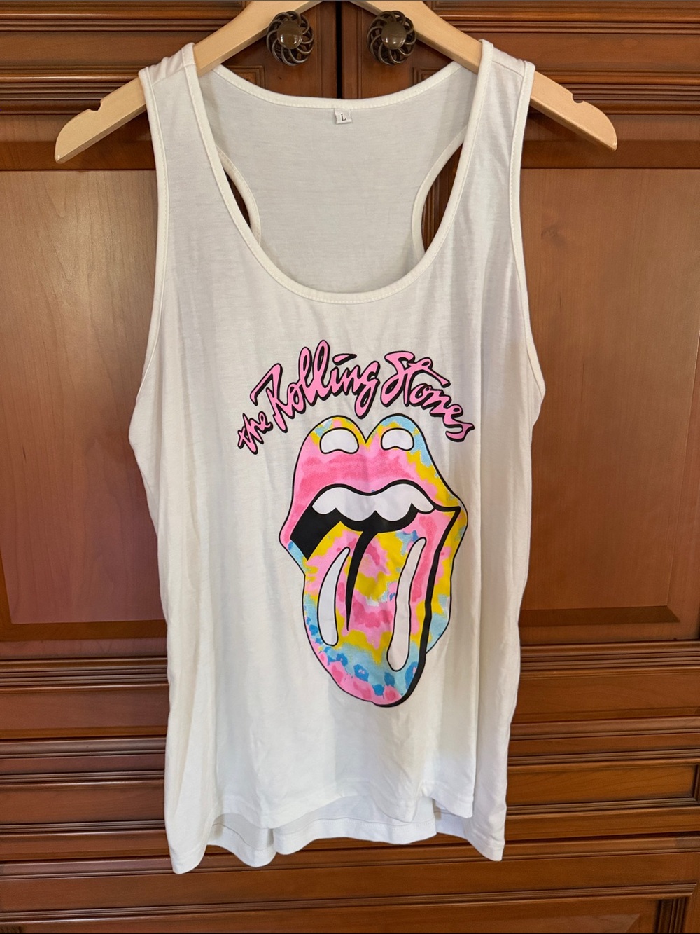 the Rolling Stones White Tank with Pink & Multicolor Tie-Dye Tongue Graphic